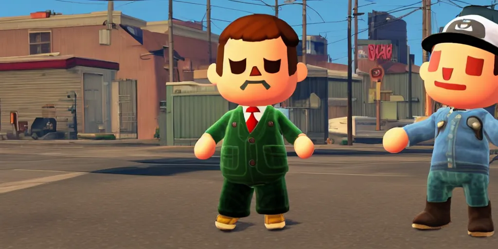 Image similar to Villager from animal crossing super smash bros as a 90s gangster in GTA V, Cover Art by Stephen Bliss, Boxart, Loading Screen. 8k Resolution