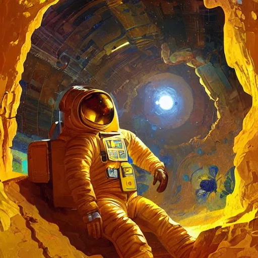 Prompt: golden astronaut in cave, digital painting by dean cornwall, rhads, john berkey, tom whalen, alex grey, alphonse mucha, donoto giancola,