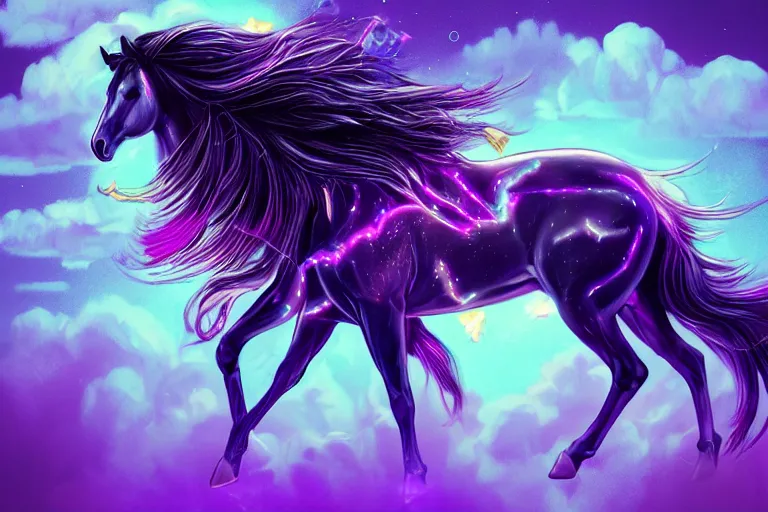 Prompt: a stunning horse with bioluminescent mane and tail running in the clouds by sandra chevrier and greg rutkowski, neon hooves, purple blue color scheme, vaporware, retro, outrun, high key lighting, volumetric light, digital art, highly detailed, fine detail, intricate, ornate, complex, octane render, unreal engine, photorealistic