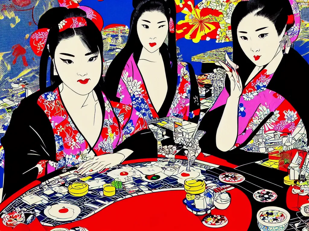 Prompt: hyperrealistic composition of the detailed woman in a japanese kimono sitting at a poker table with detailed darth vader, fireworks, mount fuji on the background, pop - art style, jacky tsai style, andy warhol style, roy lichtenstein style, acrylic on canvas