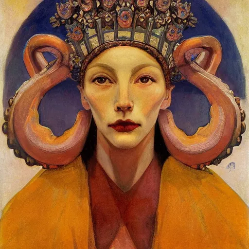 Prompt: the tentacle crown, by Annie Swynnerton and Nicholas Roerich and Diego Rivera, glowing skin, elaborate costume, geometric ornament, symbolist, rich color, dramatic cinematic lighting, smooth, sharp focus, extremely detailed