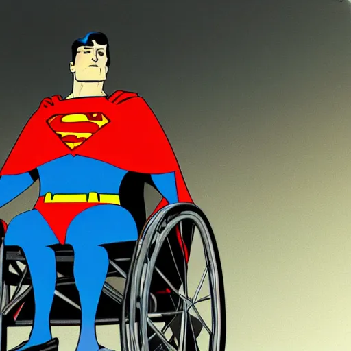 Image similar to superman in a wheelchair, color film, photorealistic,