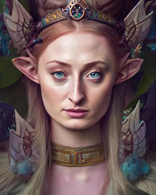 Image similar to highly detailed surreal vfx portrait of sophie turner as princess zelda, stephen bliss, unreal engine, greg rutkowski, loish, rhads, beeple, makoto shinkai and lois van baarle, ilya kuvshinov, rossdraws, tom bagshaw, alphonse mucha, global illumination, detailed and intricate environment