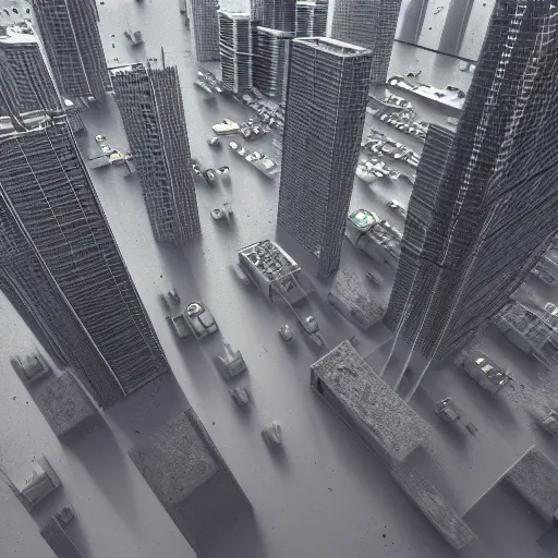 Image similar to downtown metropolitian area during a tsunami, one-point perspective, hypperrealistic, reflective surface, film grain, 4k octane render, gigapixel maximum upscale, houdini hd, quixel megascans, cinema4d