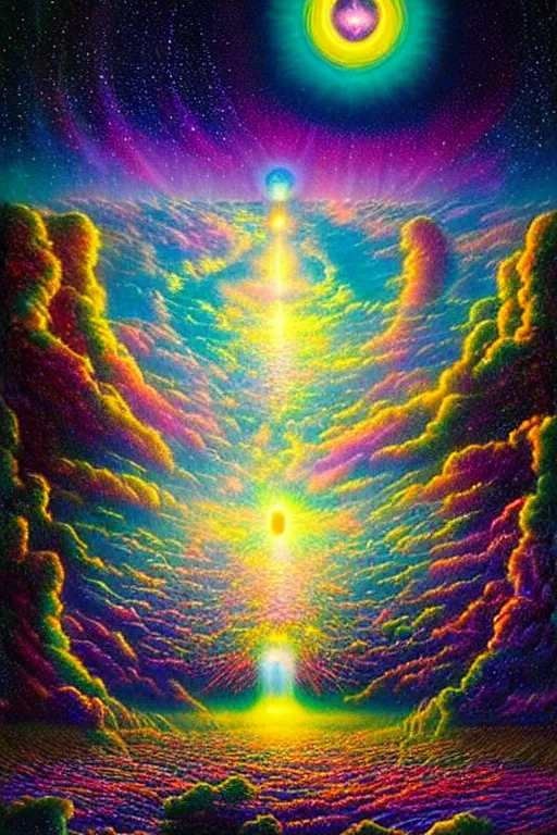 Prompt: a photorealistic detailed image of a beautiful vibrant iridescent night skies opening a gateway to another dimension, spiritual science, utopian, by david a. hardy, hana yata, kinkade, lisa frank,