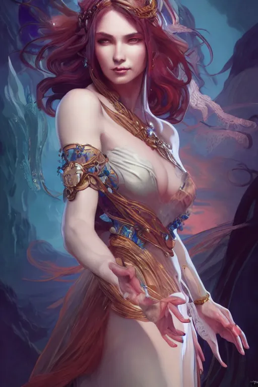 Image similar to beautiful sorceress, accurate anatomy, only two hands, highly detailed, digital painting, artstation, concept art, smooth, sharp focus, illustration, Unreal Engine 5, 8K, art by sakimichan, Artgerm, Ross Tran, greg rutkowski and alphonse Mucha