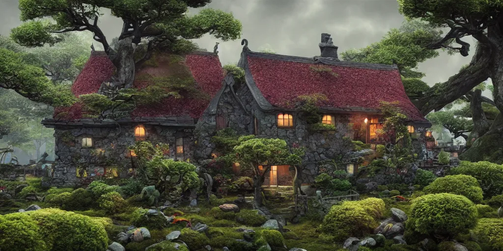 Image similar to Enchanted Irish cottage in a Bonsai garden, richly colored ominous fantasy by Tang Sin Yun, featured on artstation, 3D, digital art, insanely detailed, octane render, unreal engine