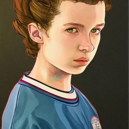 Image similar to beautiful side portrait of Eleven from Stranger things in a scenic!!! Environment!! by martine johanna, lines ,figurativism!, portrait,