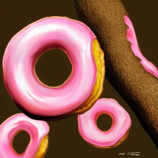 Prompt: Pink donuts growing from a tree branch, photorealistic, digital painting, concept art, highly detailed, smooth, sharp focus, illustration, art by hajime sorayama