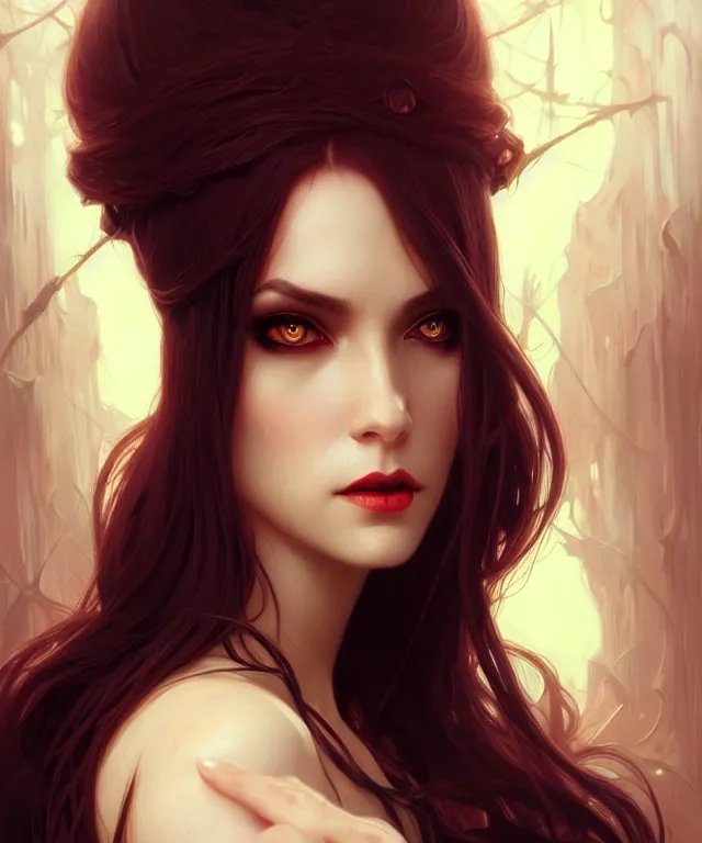 Image similar to A very beautiful lady vampire hypnotises you to bite your neck, sci-fi, amber eyes, face, long hair, fantasy, intricate, elegant, highly detailed, digital painting, artstation, concept art, smooth, sharp focus, illustration, art by artgerm and greg rutkowski and alphonse mucha