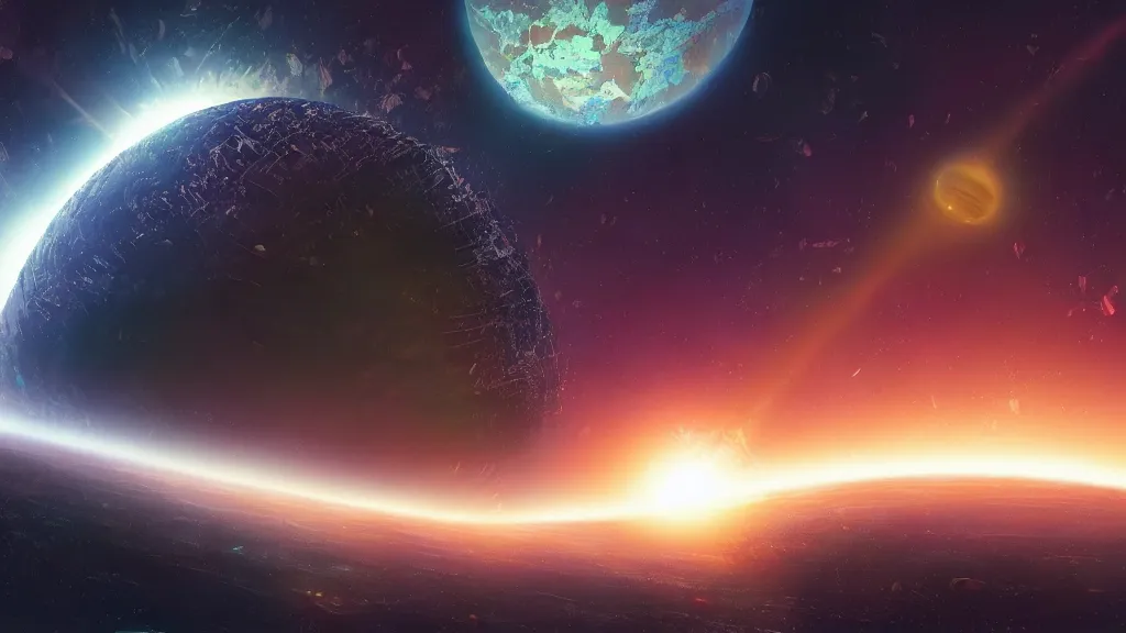 Image similar to very detailed, prophet graphic novel, ilya kuvshinov, rutkowski, simon roy, illustration of a malevolent planet viewed from space surrounded by space junk, wide shot, colorful, deep shadows,