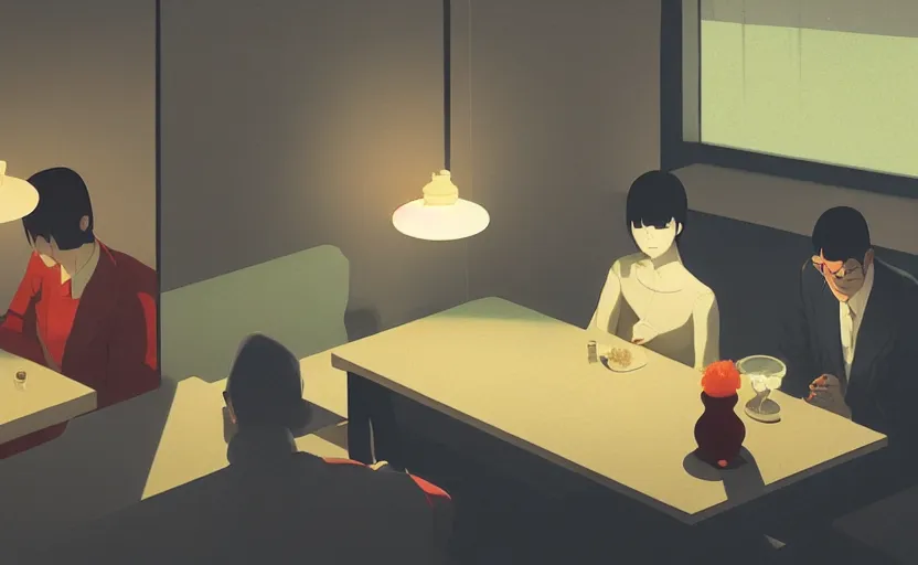 Prompt: a mysterious dimly lit dinner scene japanese digital art illustration by atey ghailan and escher and edward hopper, surreal