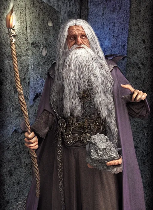Prompt: highly detailed, hyper realistic wizard with a dungeon background by dakota cates