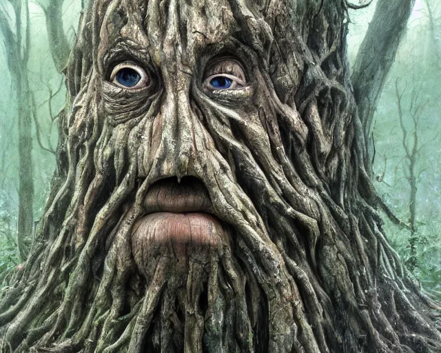 Image similar to a talking tree, a face in the bark, nose made of wood, mouth in the bark, eyes in the bark, fantasy concept art, digital oil painting, hyperrealistic, beautiful, treebeard, ent, magical, highly detailed, very detailed eyes, artstation, cgsociety, in the forest, by alan lee, by artgerm