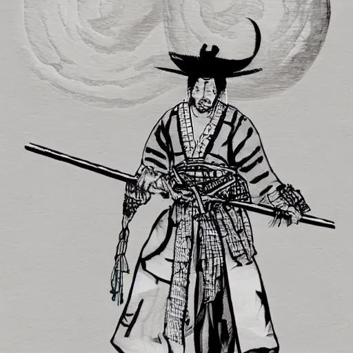 Image similar to A PORTRAIT FROM BEHIND OF A SAMURAI MAN VAGABOND WITH A MOON BEHIND HIM ,THE SAMURAI IS WRAPPED IN CHAINS ,detailed, concept art, ink style , sketch