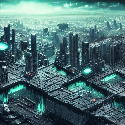 Prompt: **artstation hyperrealistic isometric art dark noir futuristic science fiction scifi city, one large central industrial futuristic skyscraper, some walled areas and sections, one giant glowing rift stretching into the distance, desolate mountains behind, a waterfall falls from the mountain into a river through the city