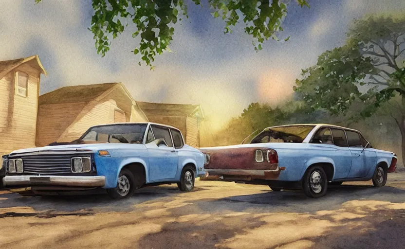 Image similar to a watercolor painting of a chevrolet opala parked near a 1 9 0 0 s house, digital painting, masterpiece, hyperrealistic, concept art, trending on deviantart, highly detailed, high quality, 4 k, symmetrical, low contrast, watercolor, warm, soft lighting, path traced, godrays, vintage, soft colors