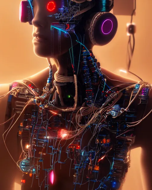 Image similar to portrait of a beautiful human heart as a cyberpunk cyborg half robot, revealing wires and electronics, hooked - up, sci - fi, missing panels, intricate abstract upper body intricate artwork, concept art, octane render, deviantart, cinematic, key art, hyperrealism, iridescent accents, portrait photograph, nikon 3 5 mm, photograph by greg rutkowski