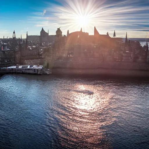 Image similar to Cityscape view of Edinburgh but underwater, sharp focus, sun rays through the water