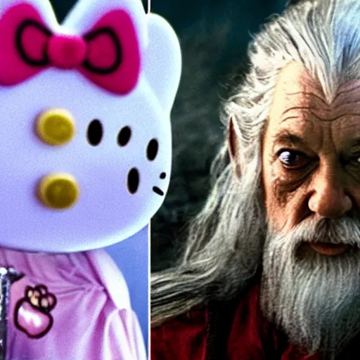 Image similar to portraid of gandalf wearing a Hello Kitty costume, holding a blank playing card up to the camera, movie still from the lord of the rings