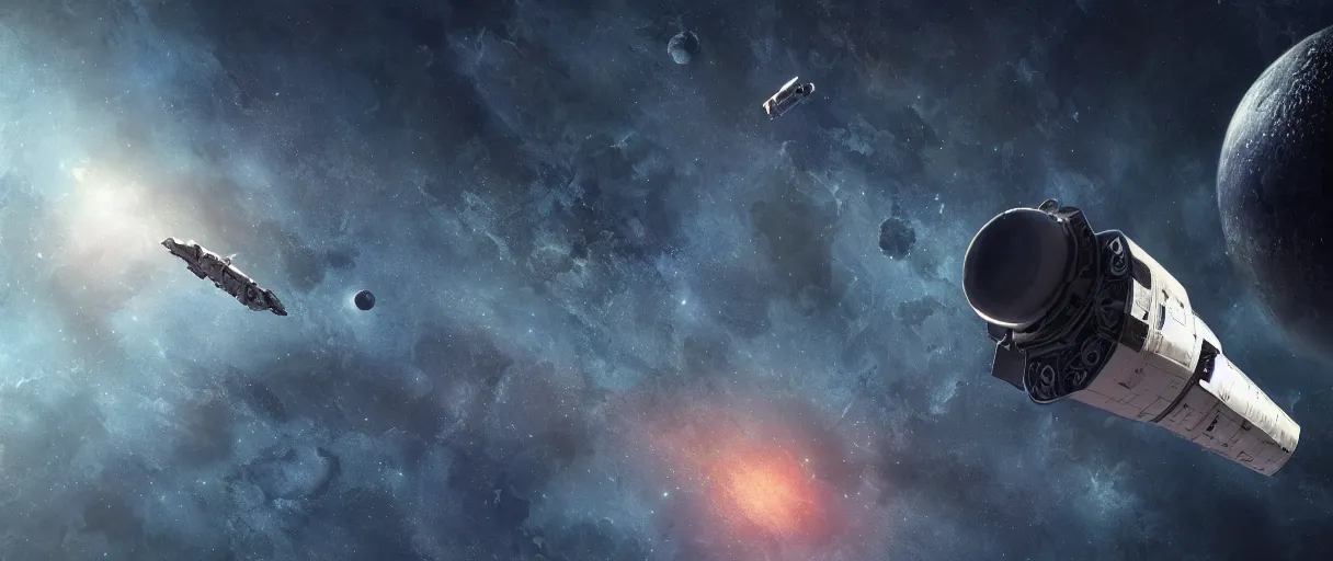 Image similar to illustration, a single small spaceship, nasa, deep space exploration, alone, the expanse tv series, industrial design, battlestar galactica tv series (2004), cinematic lighting, 4k, greebles, widescreen, wide angle, sharp and blocky shapes, extraterrestrial paradise, hyper realistic, hubble photography, beksinski