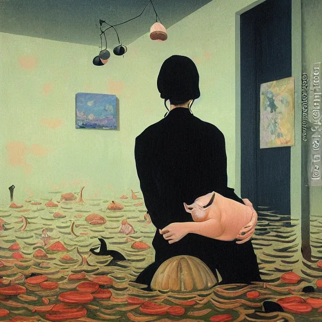 Image similar to tall female emo artist holding a pig in her flooded apartment, mushrooms, octopus, water gushing from ceiling, painting of flood waters inside an artist's apartment, a river flooding indoors, pomegranates, pigs, ikebana, zen, river, rapids, waterfall, black swans, canoe, berries, acrylic on canvas, surrealist, by magritte and monet