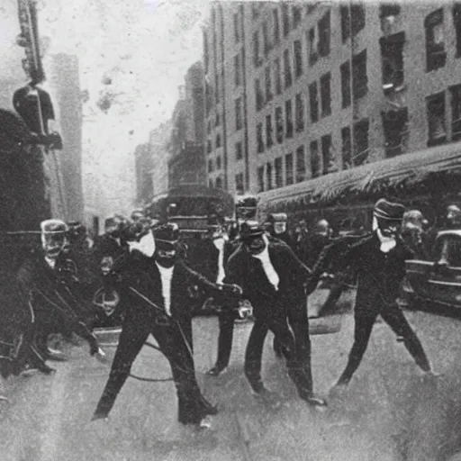 Image similar to a vintage photography of slenderman rampage through New York Streets, 1900's,