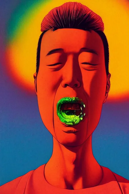 Prompt: a colorful vibrant closeup portrait of a simple police officer licking a tab of LSD acid on his tongue and dreaming psychedelic hallucinations, by kawase hasui, moebius, Edward Hopper and James Gilleard, Zdzislaw Beksinski, Steven Outram colorful flat surreal design, hd, 8k, artstation