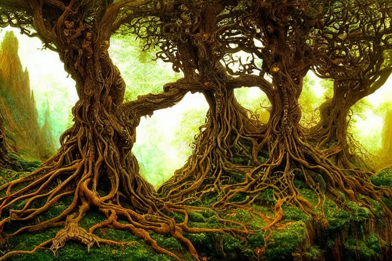 Image similar to a beautiful and highly detailed digital painting of an elven tree with celtic roots in the mystical mountains, psychedelic patterns, intricate details, epic scale, 8 k, sharp focus, photorealism, artstation, cgsociety, by caspar friedrich, albert bierstadt, james gurney, brian froud,