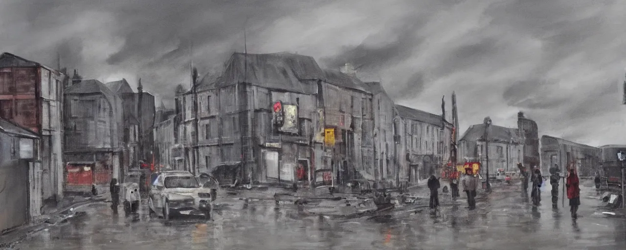 Prompt: a painting of street life in kirkwall orkney, Post-apocalyptic, grey, desolate, stormy, fire, decay