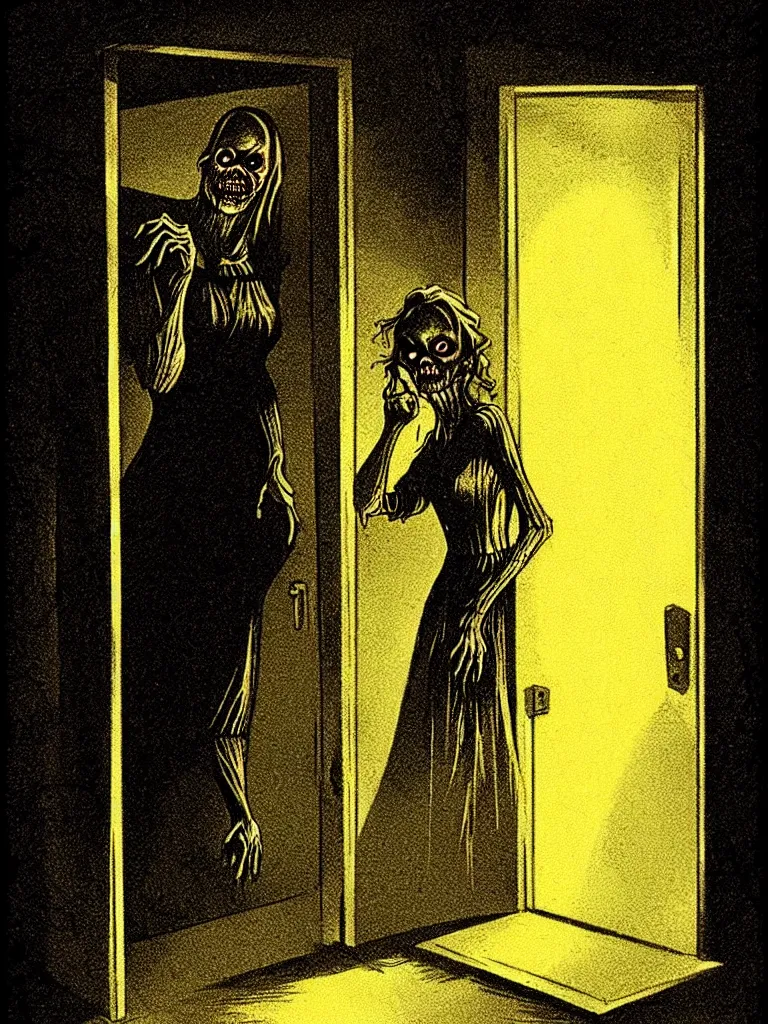 Image similar to Full Color Vintage Horror Illustration of a Woman Scared Looking in Door at Creature at night. Glowing , Spooky lighting , Pinterest