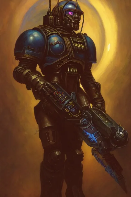 Image similar to character portrait cyberpunk starcraft terran warhammer 4 0 k space marine tech priest steve buscemi, character design, painting by gaston bussiere, katsuya terada, frank frazetta, tom of finland, trending on artstation