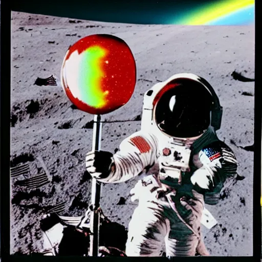 Image similar to polaroid of an astronaut sitting on the moon and watching rainbow nuclear explosion on the earth