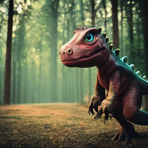 Prompt: young boy riding a cute little dinosaur with long fur, portrait, pixar style, forest background, cinematic lighting, award winning creature portrait photography