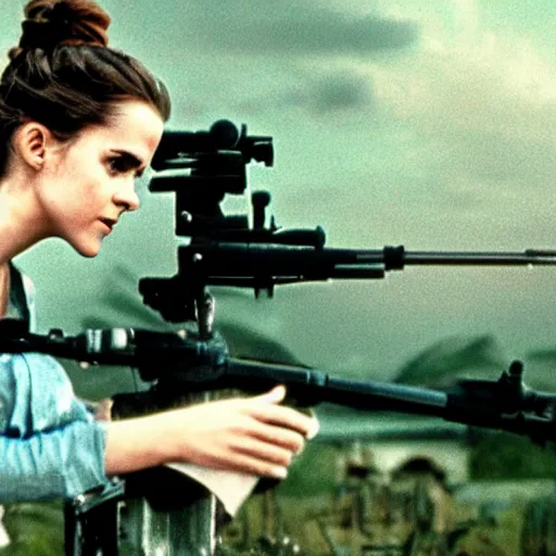 Image similar to film still, extreme far view, emma watson reloading browning 5 0 cal machine gun, film still from apocalypse now ( 1 9 7 9 ), 2 6 mm, kodak ektachrome, blue tint expired film,