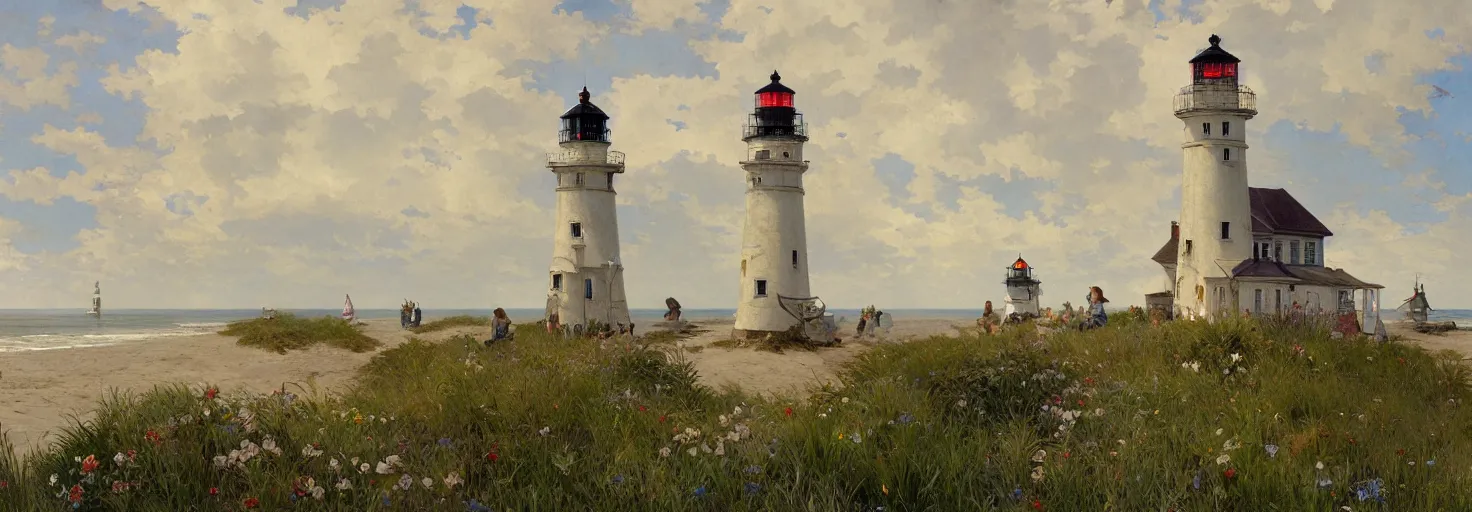 Image similar to super detailed in the style of Jan Brueghel the Elder, greg rutkowski and alphonse mucha , of Prince Edward Island with ocean a single lighthouse and sand dunes.