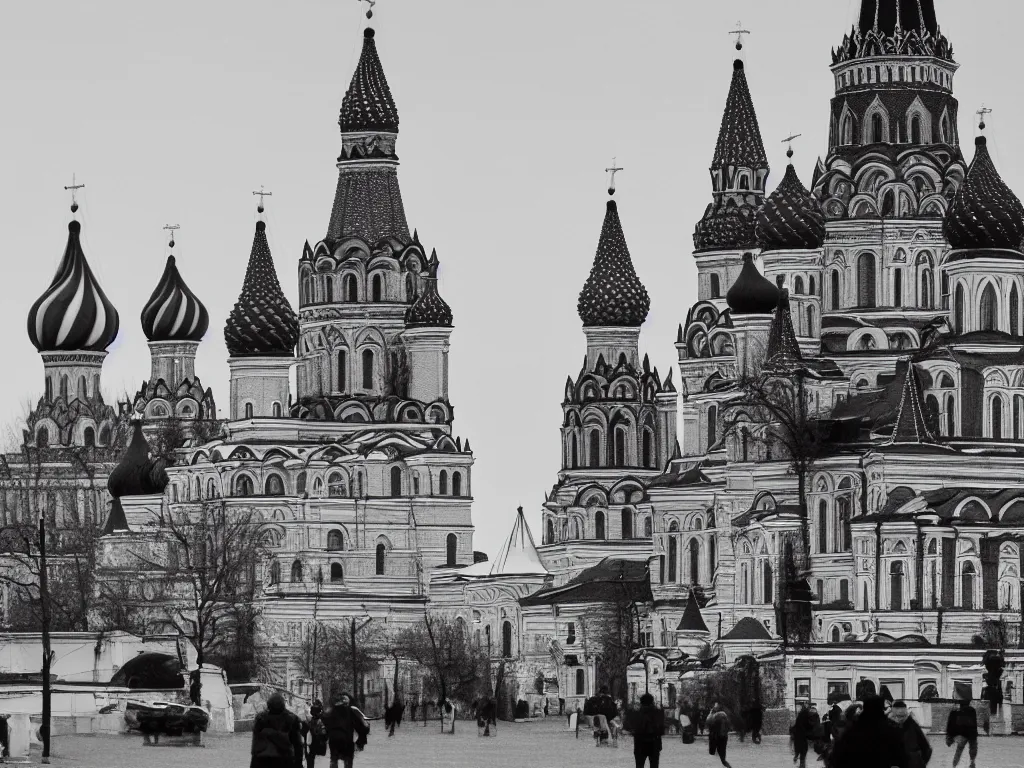 Prompt: blurry black and white photograph giving the middle finger to the kremlin moscow russia