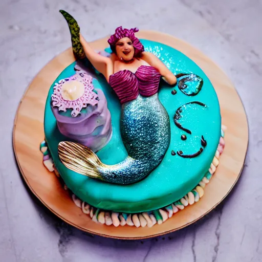 Image similar to mermaid themed birthday cake, food photography, made of meat,