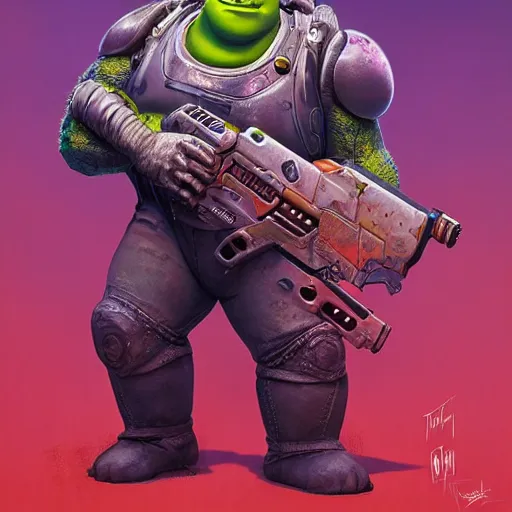 Prompt: lofi biopunk shrek as the doom slayer, pixar style, by tristan eaton stanley artgerm and tom bagshaw.