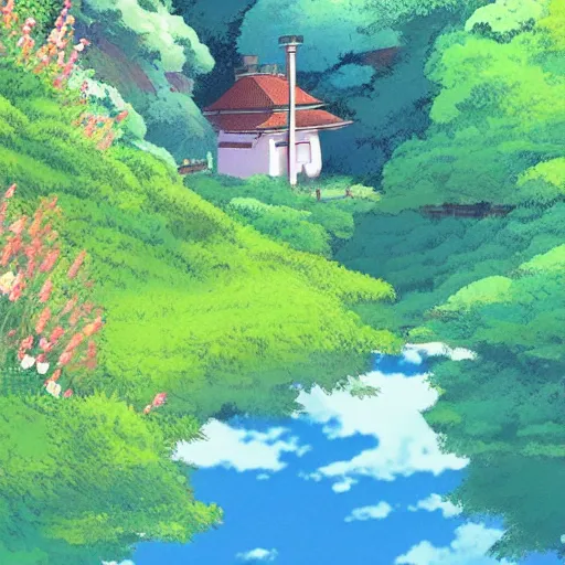 Image similar to a beautiful landscape by studio ghibli, digital art