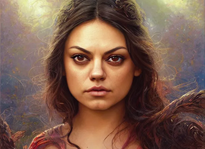 Image similar to Mila Kunis staring into the camera, misty wisps, Lilia Alvarado, Sophie Anderson, Mark Arian, Bob Byerley, Charlie Bowater, Mark Brooks, Steve Henderson, Justin Gerard, Arthur Hughes, Edward Robert Hughes, Mark Keathley, Victor Nizovtsev, Carlos Shwabe, Ross Tran, WLOP