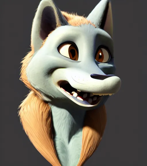 Image similar to bust of anthromorphic female wolf, in style of zootopia, zootopia, zootopia, fursona, furry, furaffinity, 4 k, deviantart, furry art, fursona art, wearing black business suit, business suit, in style of zootopia, wolf fursona, cyberpunk, female, expressive detailed feminine face,