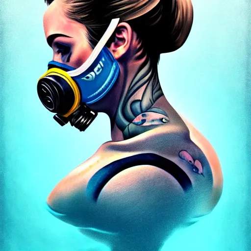 Prompt: diver with diving mask with tattoos on arm and neck, side profile in underwater, highly detailed, digital painting, artstation, concept art, smooth, sharp focus, illustration by Sandra Chevrier