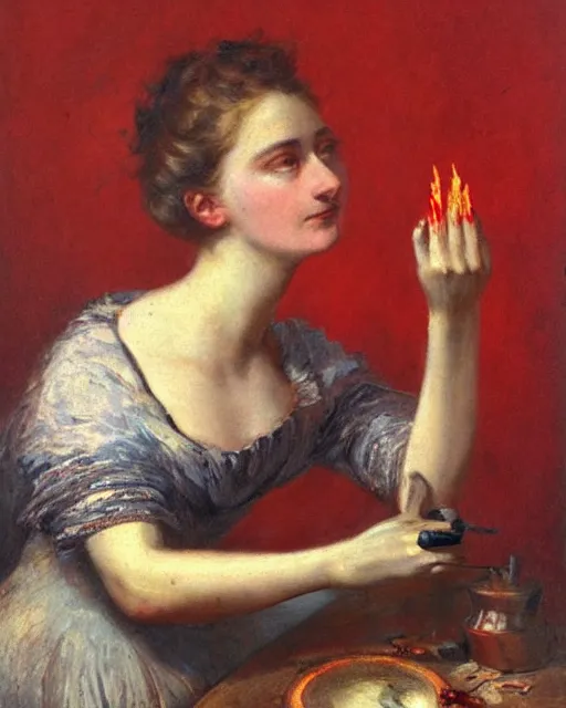 Image similar to by 1 9 th century famous painter, hands, nail polish, with fire, realism, realistic, oil painting, red wallpaper background