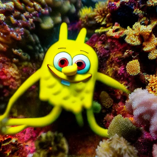 Image similar to 4k shot macro lence of a Spong that looks exactly as Spongebob inside a coral reef