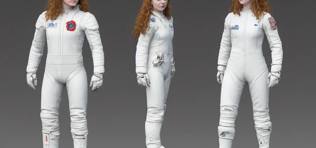 Prompt: character sheet concept art of sadie sink in a skintight white spacesuit, realistic, hyperrealistic, photographic, costume, wlop, dan mumford, greg rutkowski, high detail, octane render, alexander mcqueen, james gurney, james jean, mucha, photo, 8 k, intricate