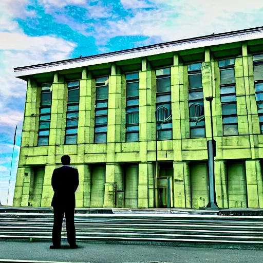 Prompt: a man standing in front of a courthouse, jury duty, bored, anger, bright green sky, digital art, backshot angle