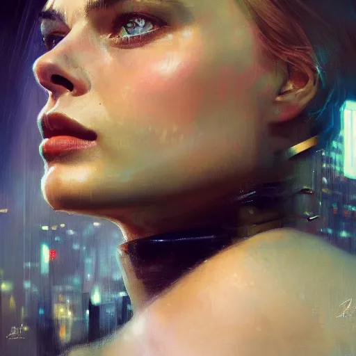 Image similar to margot robbie, hyperrealistic portrait, bladerunner street, art of elysium by jeremy mann and alphonse mucha, fantasy art, photo realistic, dynamic lighting, artstation, poster, volumetric lighting, very detailed face, 4 k, award winning