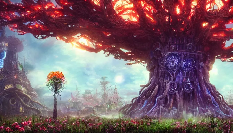 Image similar to ben lo illustration of the largest tree in the world under force field, bioshock concept art, solarpunk, hopeful, colorful, flowers, deity, unreal engine, hyper realism, realistic shading, cinematic composition, realistic render, octane render, detailed textures, photorealistic, wide shot