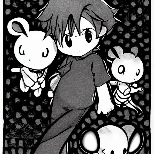 Image similar to mouse, illustrated by mato and ken sugimori, manga, black and white illustration